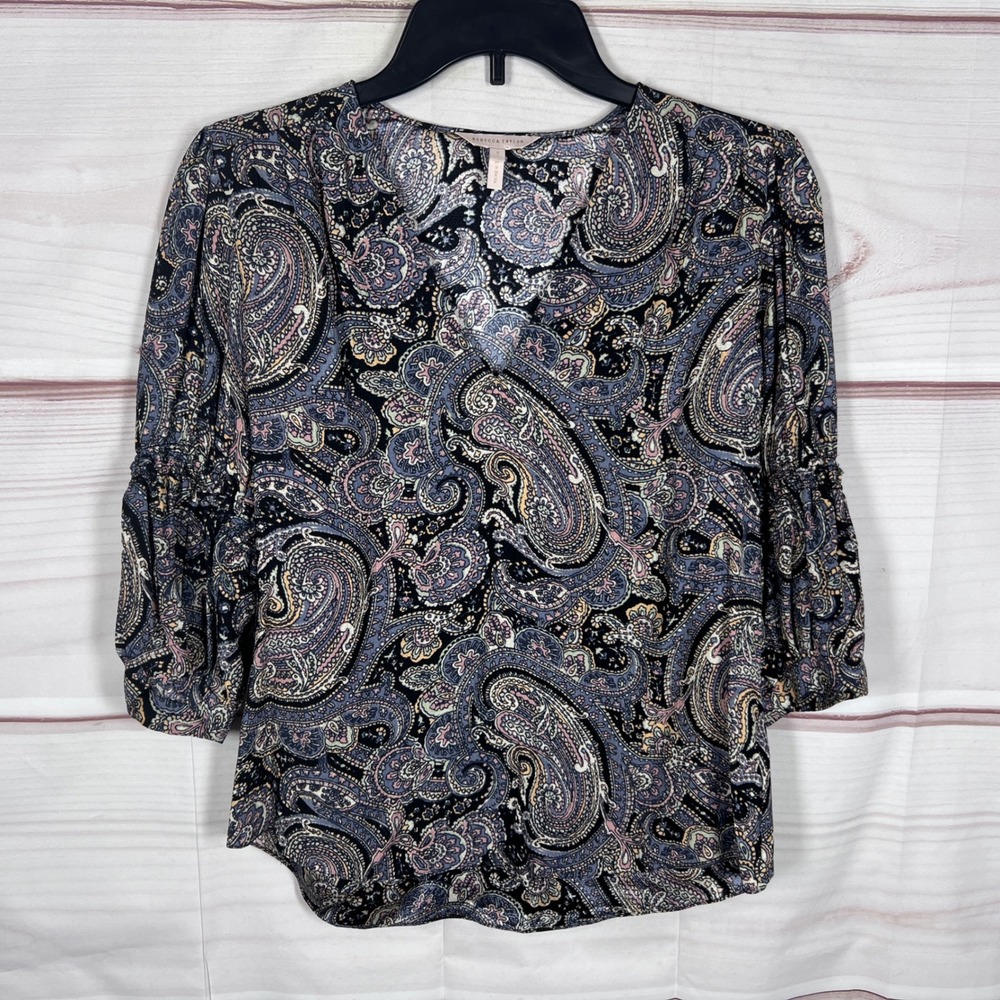 Rebecca Taylor Blouse Womens Size 2 Multicolor Paisley Silk V-Neck 3/4 Sleeve